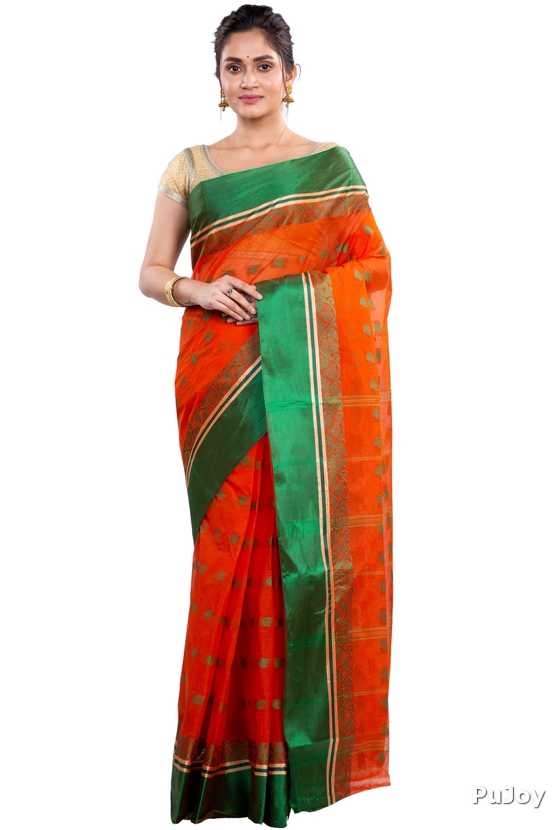 Orange Green Pure Cotton Sukla_Velvet Tant Saree (799)