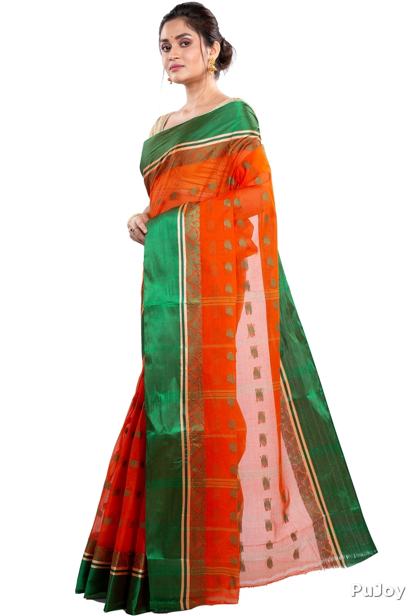 Orange Green Pure Cotton Sukla_Velvet Tant Saree (799)