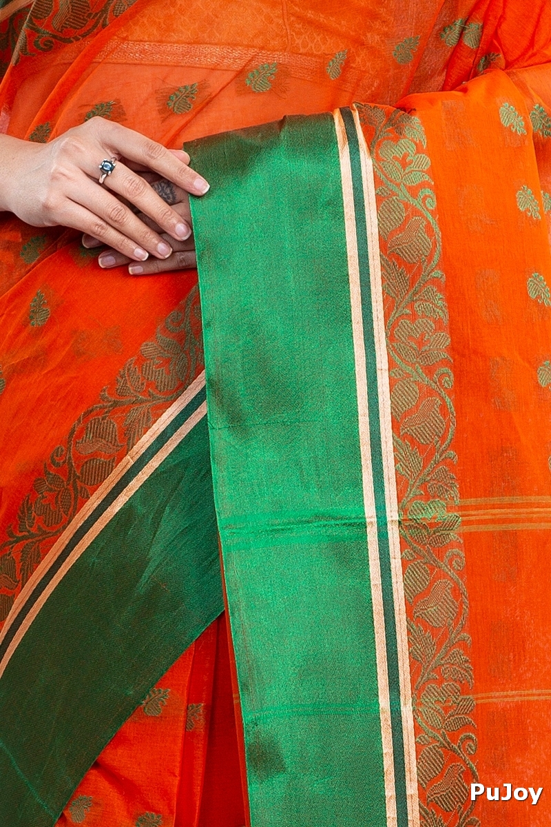 Orange Green Pure Cotton Sukla_Velvet Tant Saree (799)