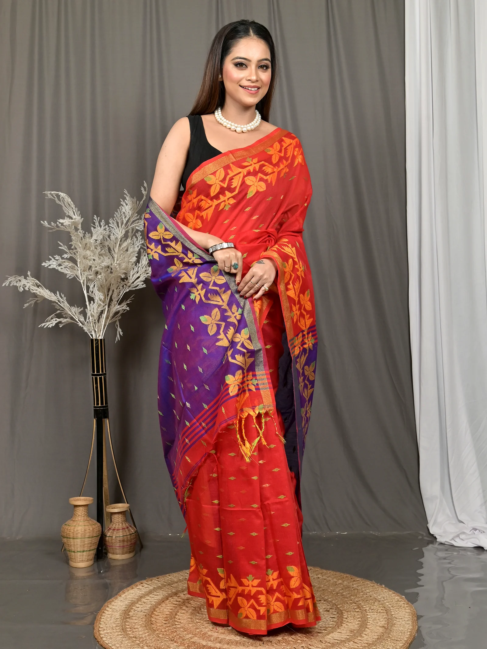 Red Blue Cotton Parvon Kanjivaram Silk Saree  (80)