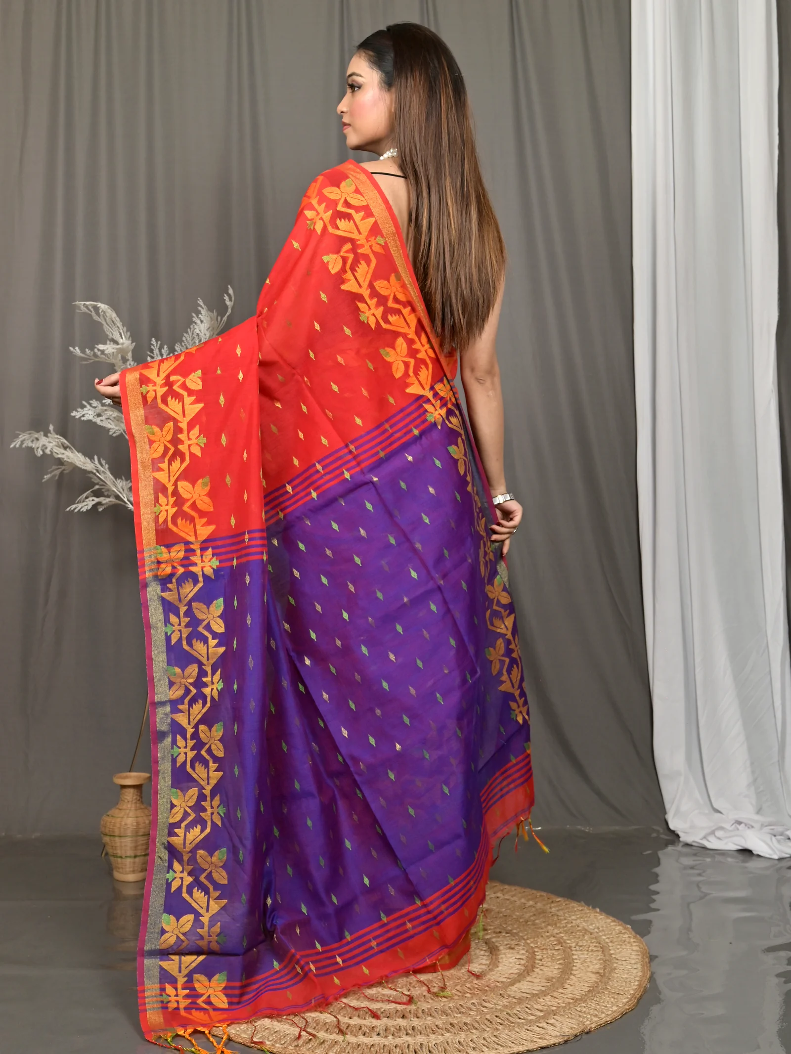 Red Blue Cotton Parvon Kanjivaram Silk Saree  (80)