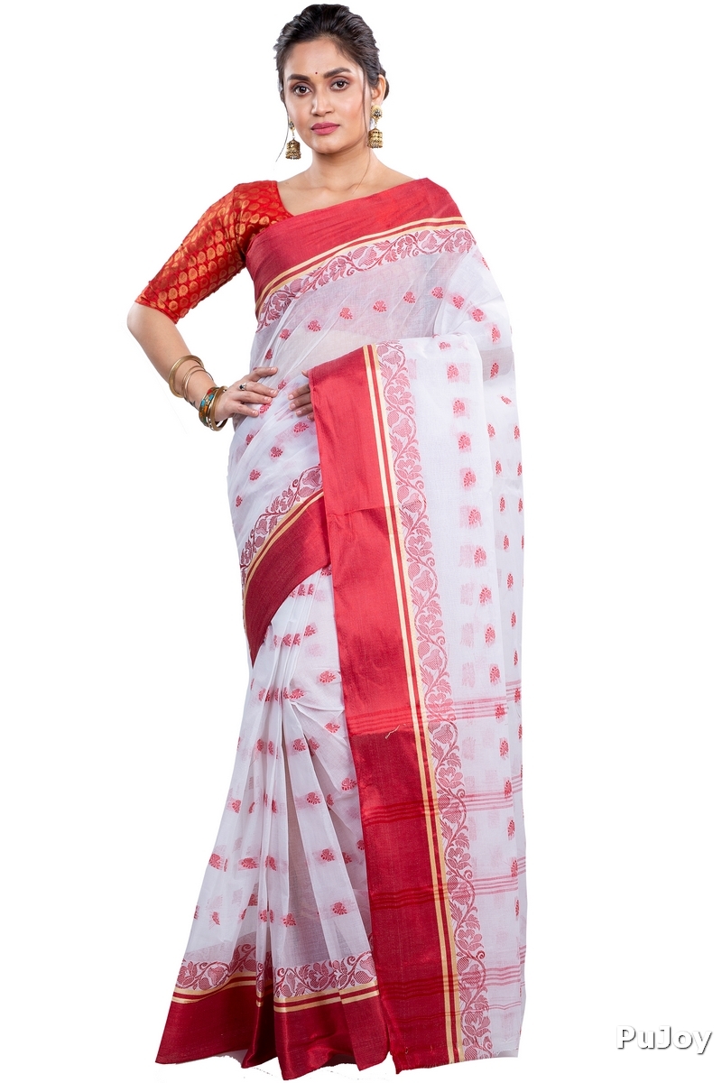 White Red Pure Cotton Sukla_Velvet Tant Saree (800)