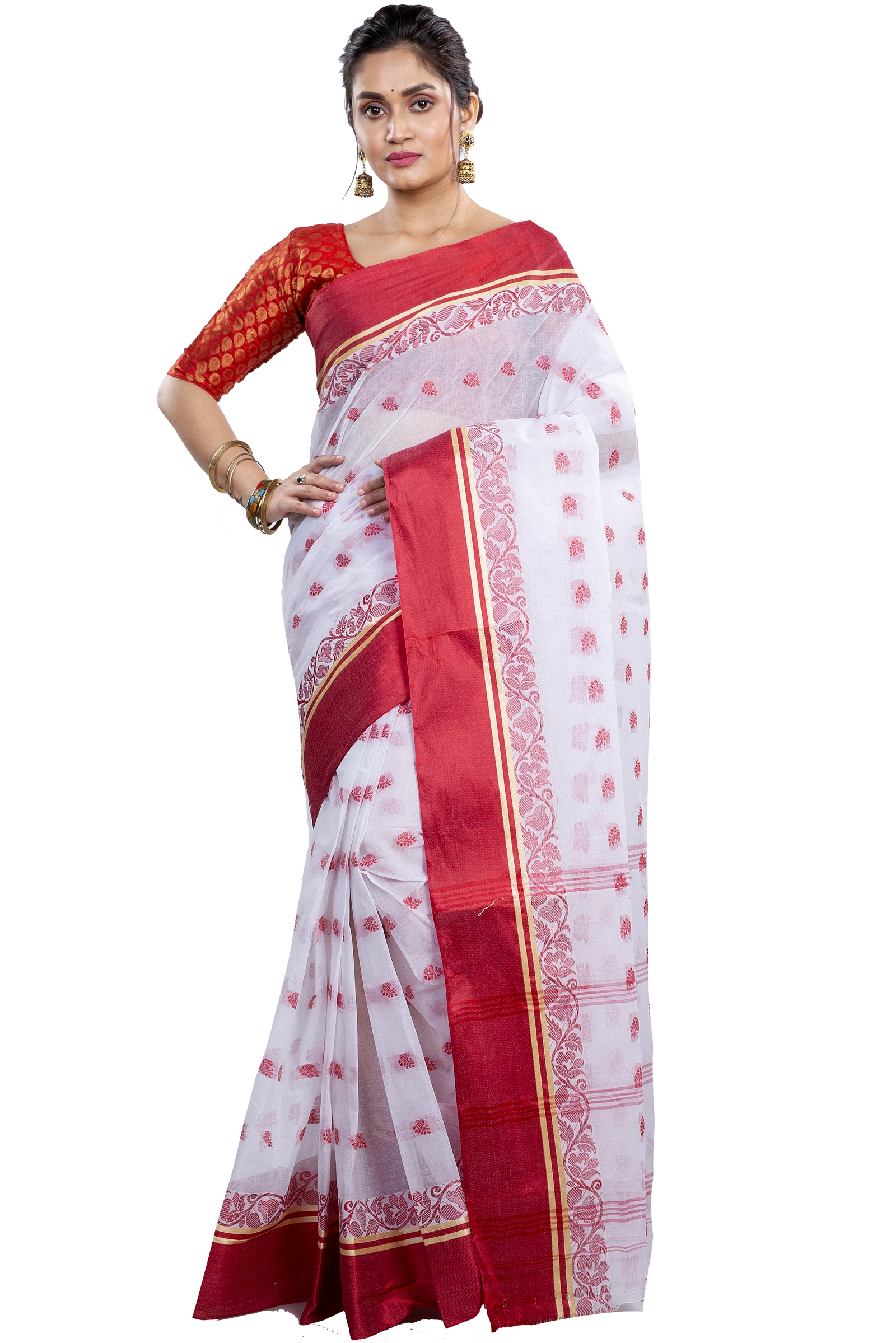 White Red Pure Cotton Sukla_Velvet Tant Saree (800)