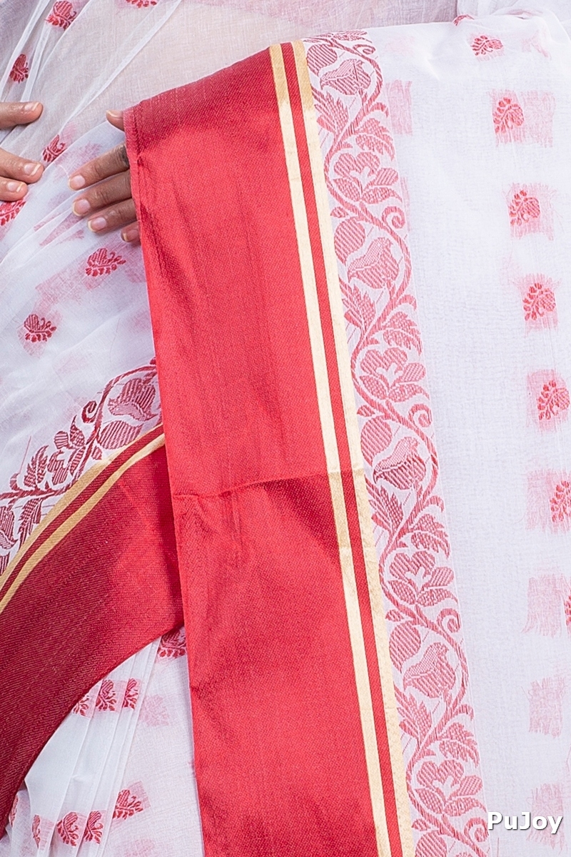 White Red Pure Cotton Sukla_Velvet Tant Saree (800)