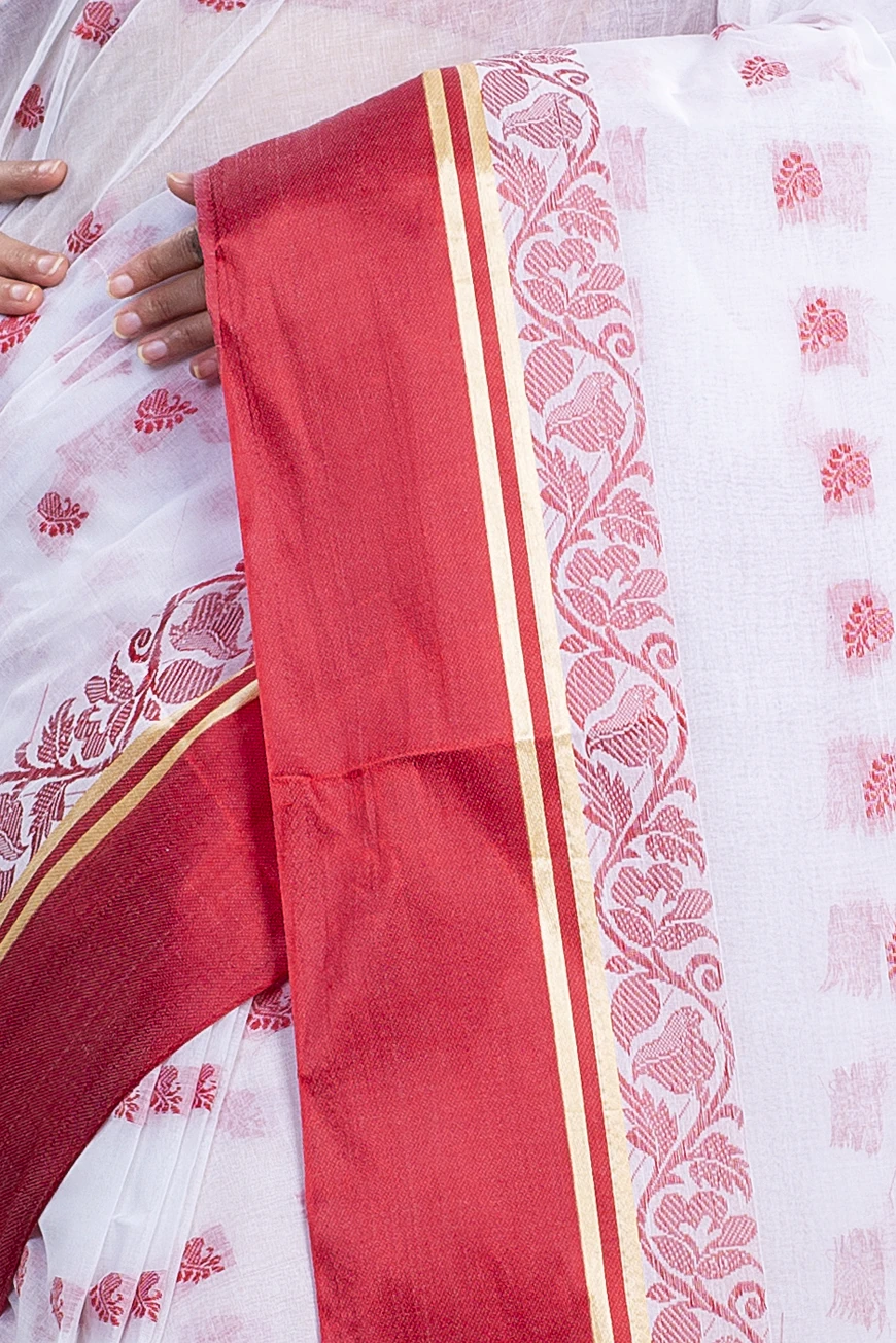 White Red Pure Cotton Sukla_Velvet Tant Saree (800)