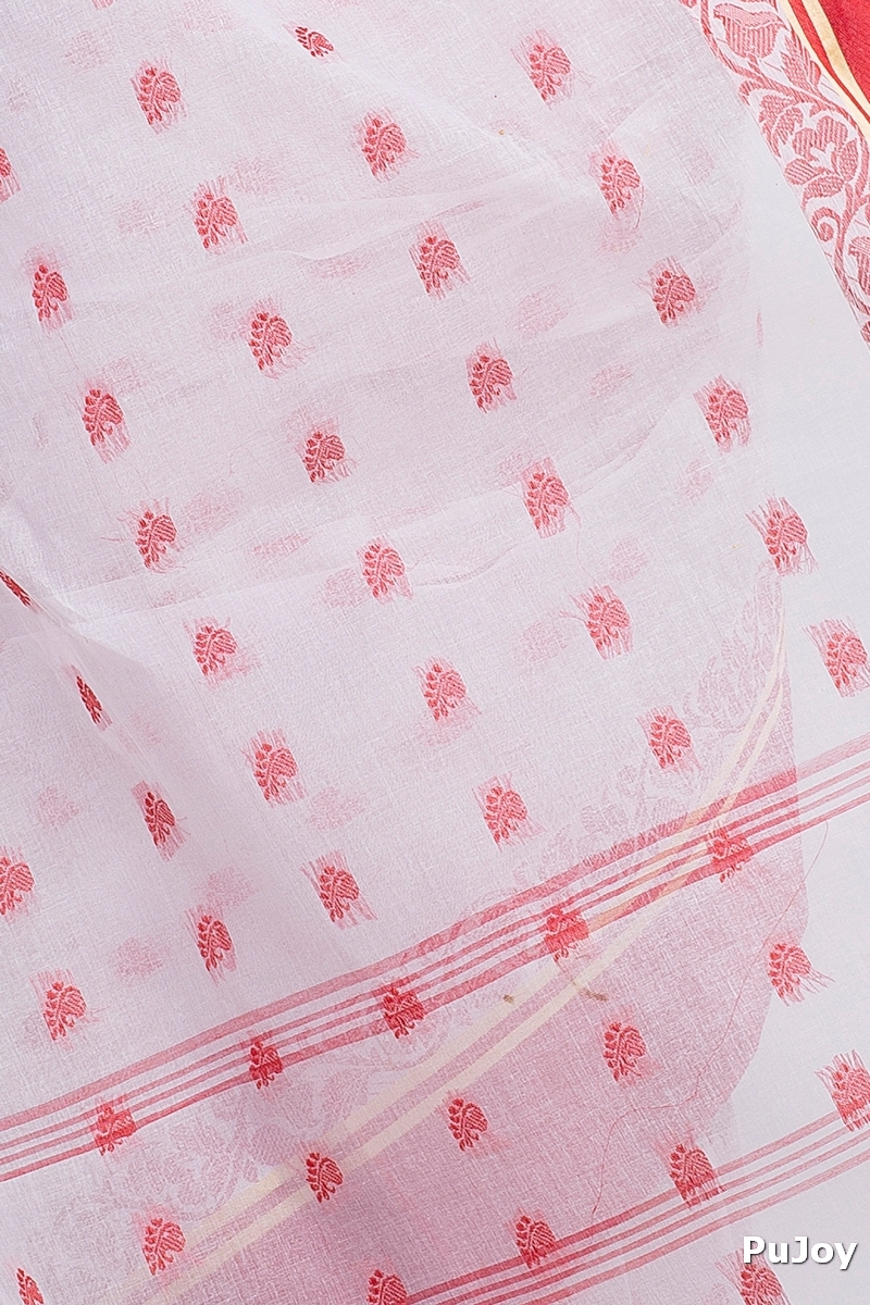 White Red Pure Cotton Sukla_Velvet Tant Saree (800)