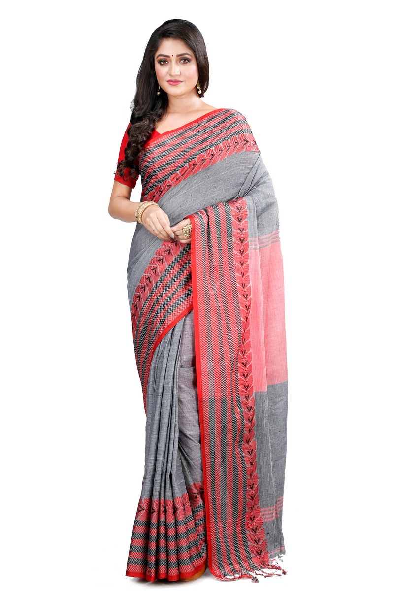 Grey Pure Cotton Rohal Hand Loom Saree (8002)
