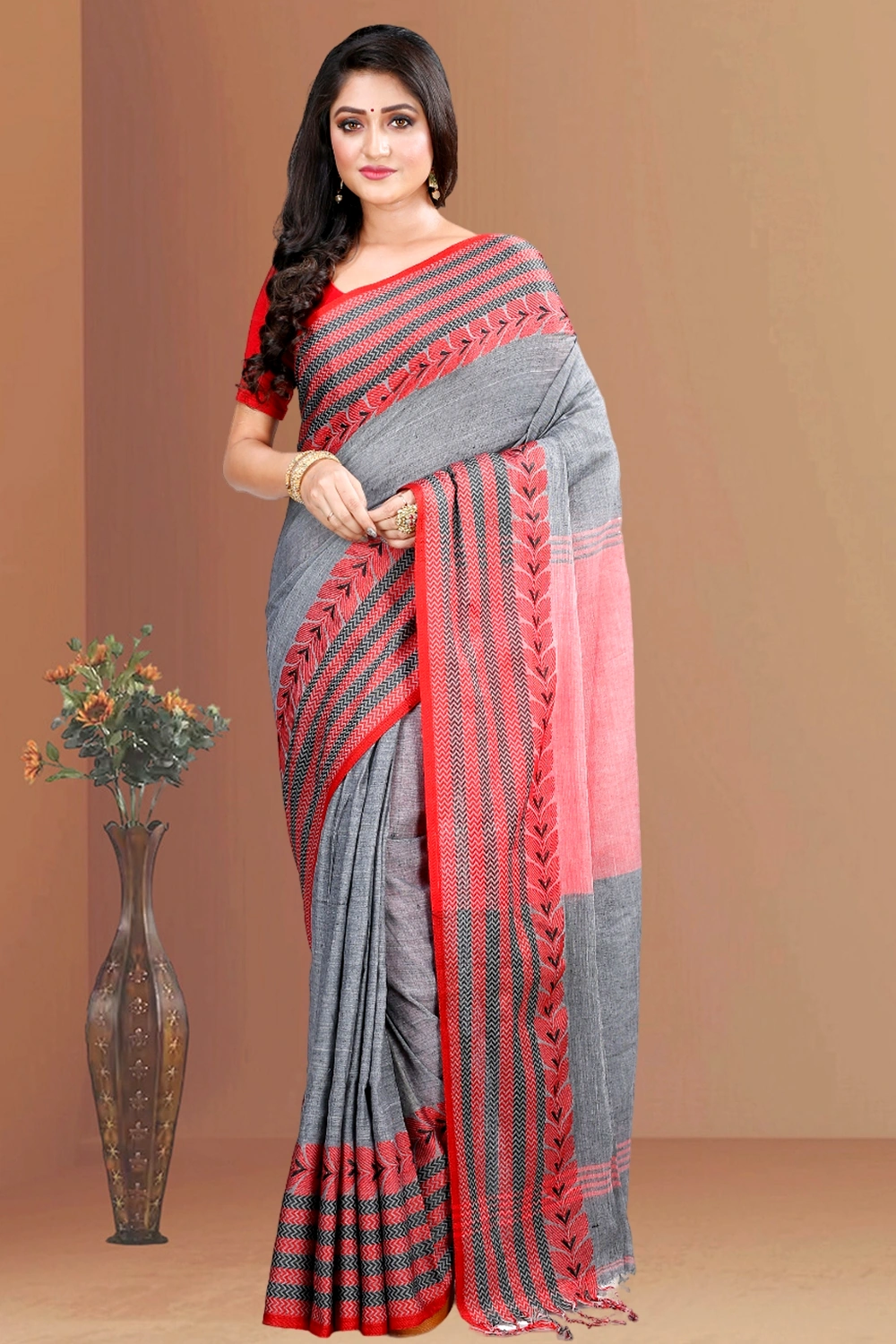 Grey Pure Cotton Rohal Hand Loom Saree (8002)