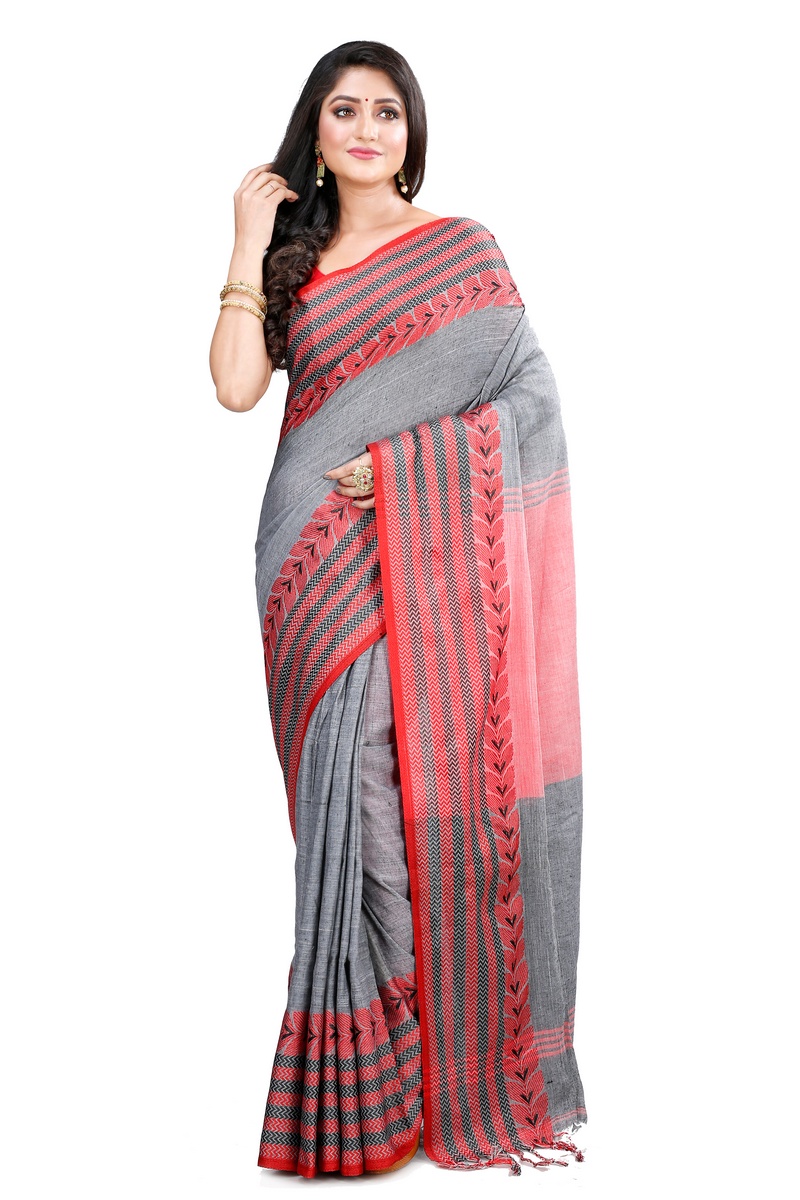 Grey Pure Cotton Rohal Hand Loom Saree (8002)