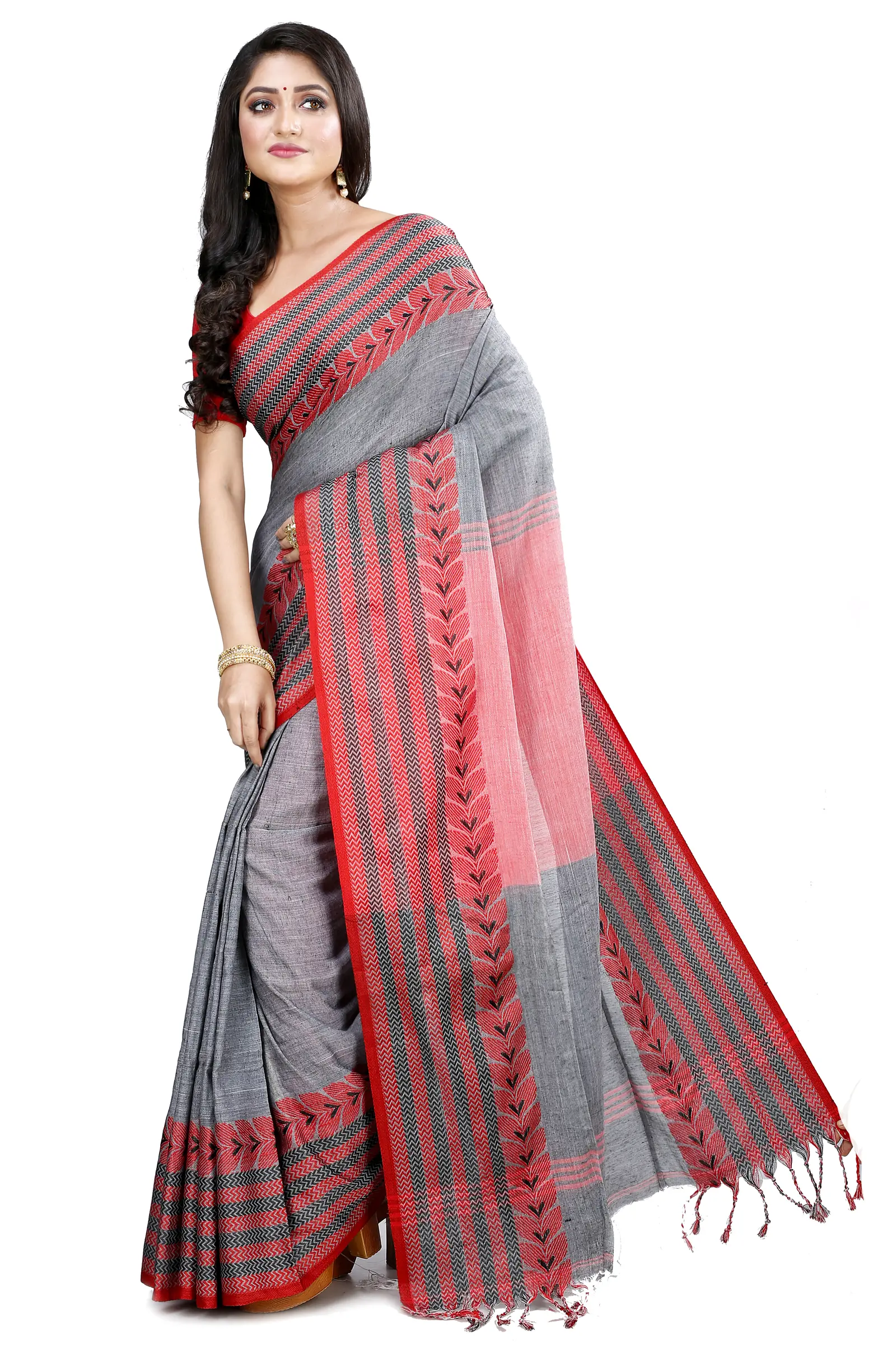 Grey Pure Cotton Rohal Hand Loom Saree (8002)