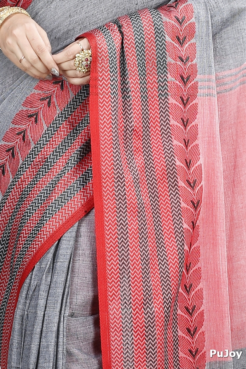 Grey Pure Cotton Rohal Hand Loom Saree (8002)