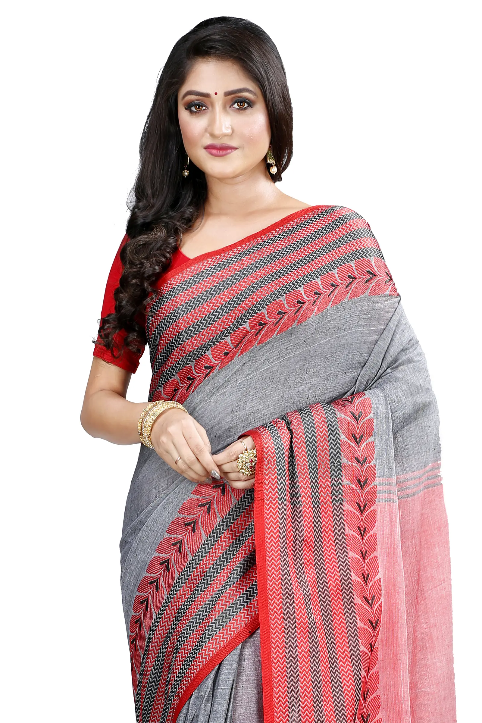 Grey Pure Cotton Rohal Hand Loom Saree (8002)