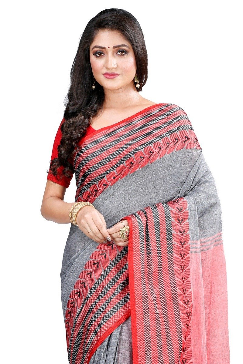 Grey Pure Cotton Rohal Hand Loom Saree (8002)