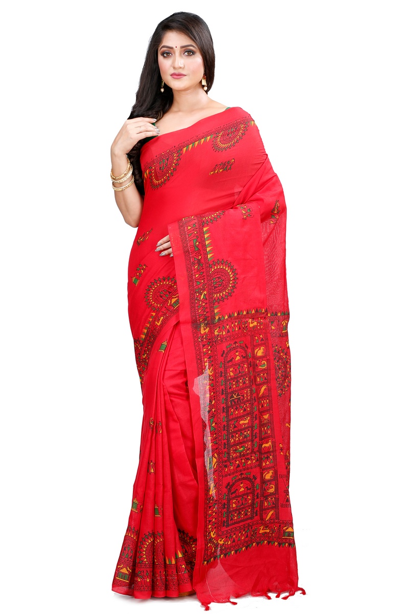 Red Pure Cotton Rohip Hand Loom Saree (8009)