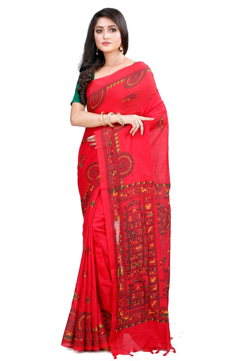 Red Pure Cotton Rohip Hand Loom Saree (8009)