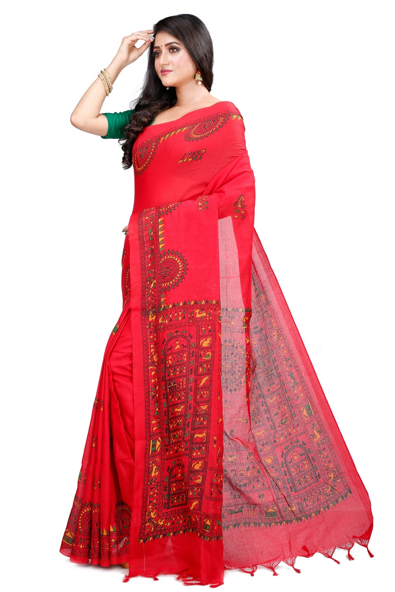 Red Pure Cotton Rohip Hand Loom Saree (8009)