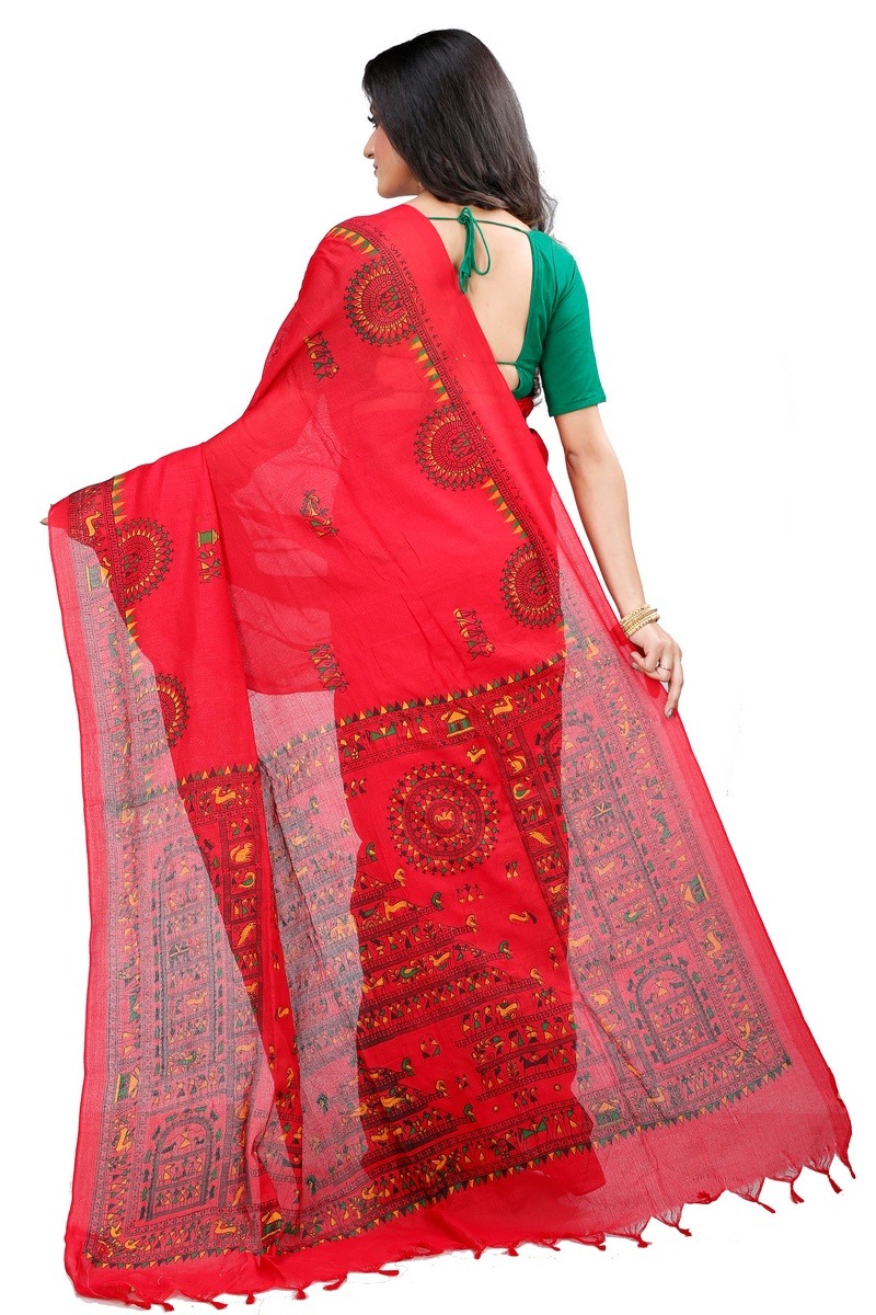 Red Pure Cotton Rohip Hand Loom Saree (8009)