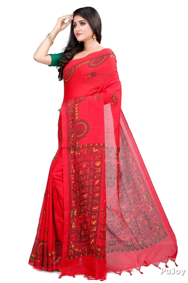 Red Pure Cotton Rohip Hand Loom Saree (8009)
