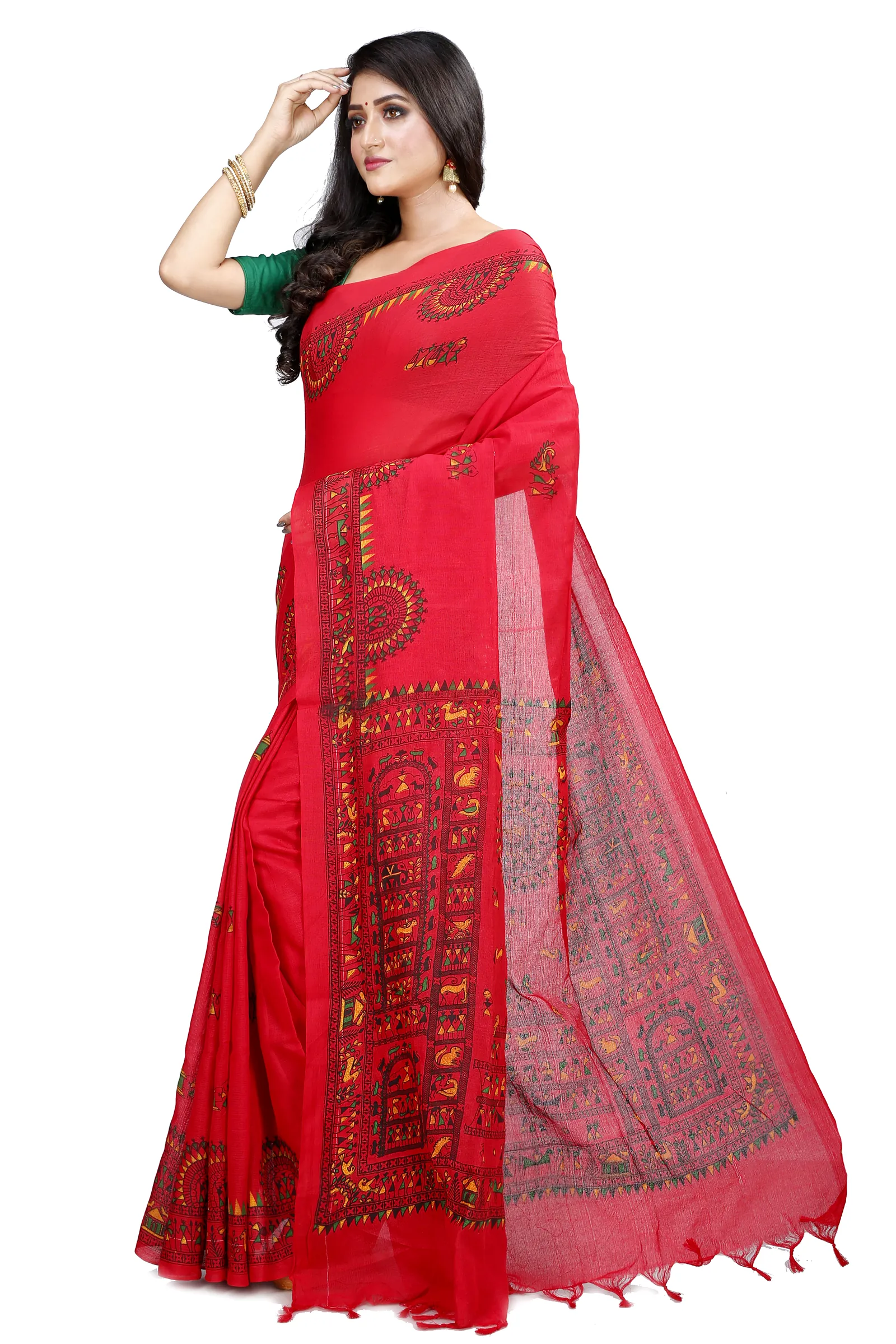 Red Pure Cotton Rohip Hand Loom Saree (8009)