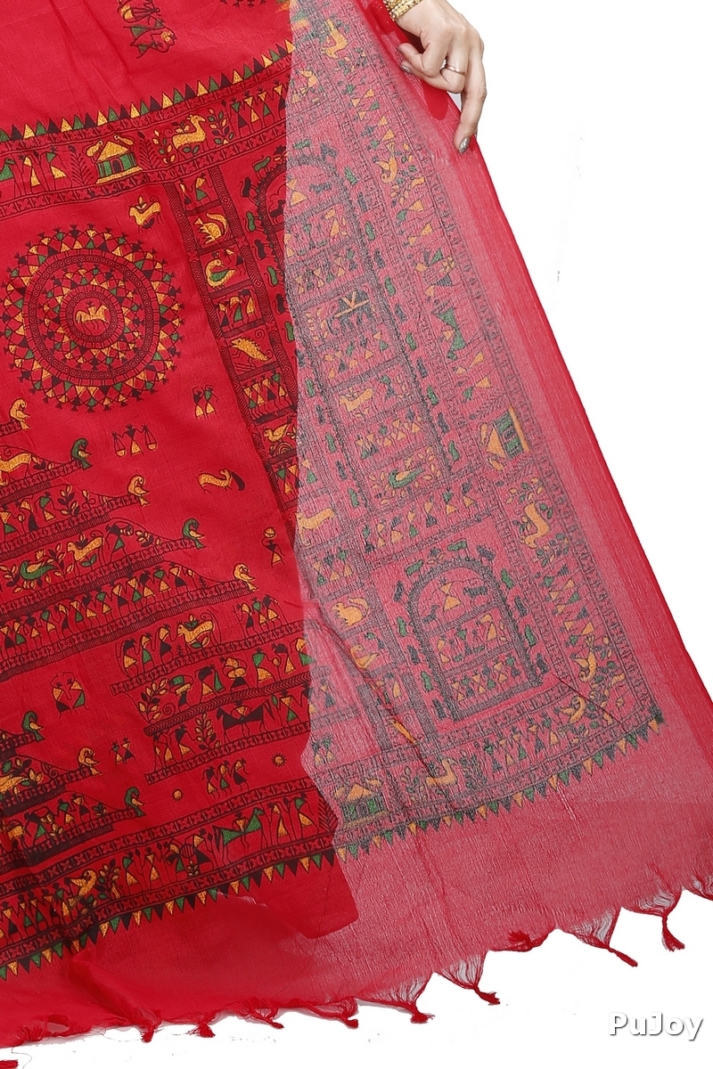Red Pure Cotton Rohip Hand Loom Saree (8009)