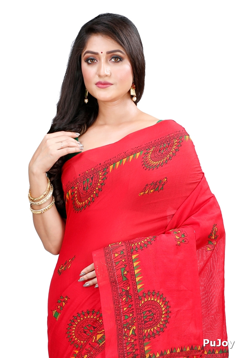 Red Pure Cotton Rohip Hand Loom Saree (8009)