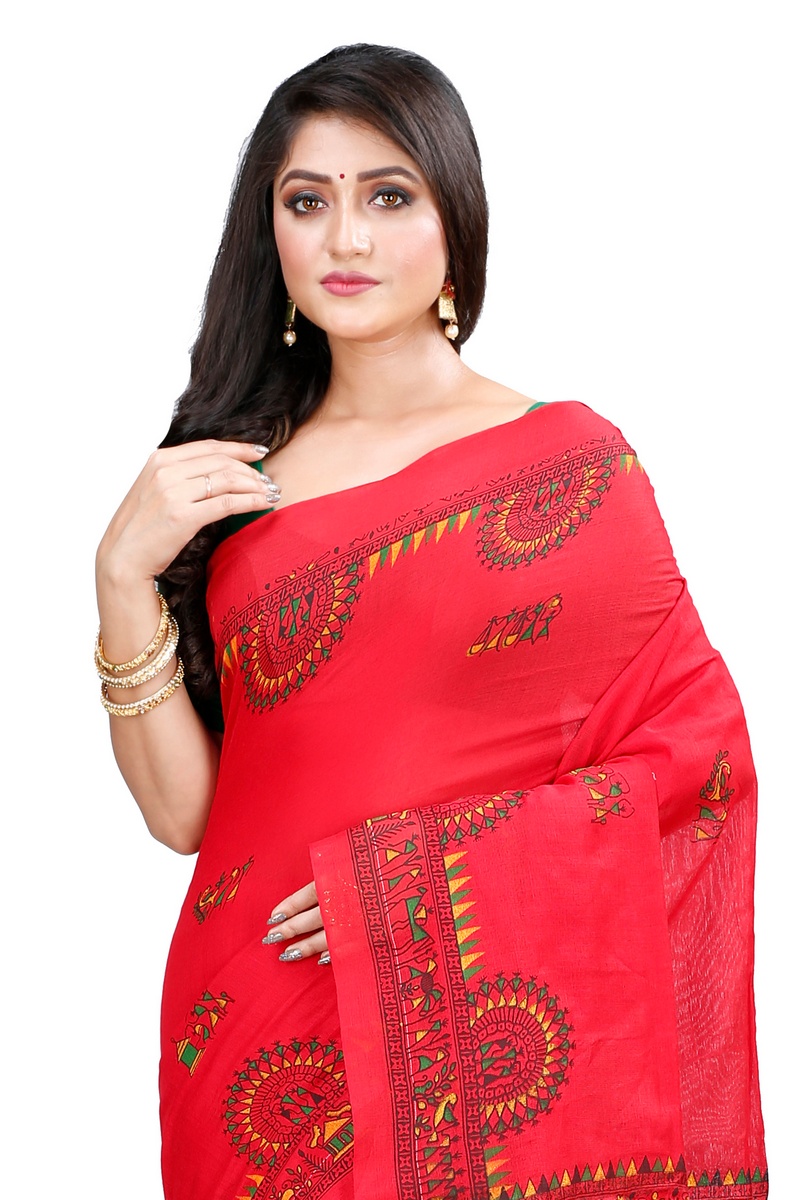 Red Pure Cotton Rohip Hand Loom Saree (8009)