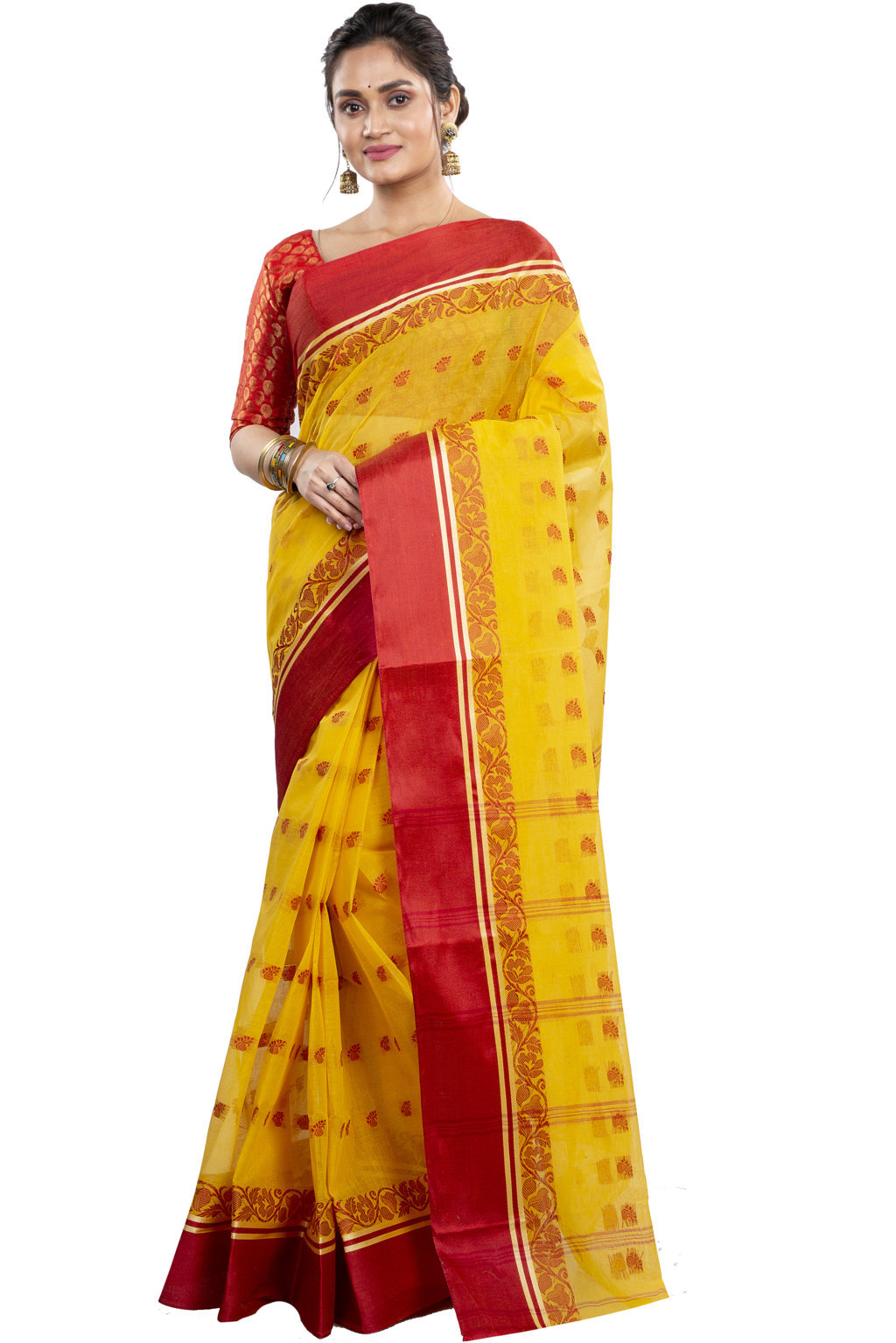 Yellow Red Pure Cotton Sukla_Velvet Tant Saree (801)