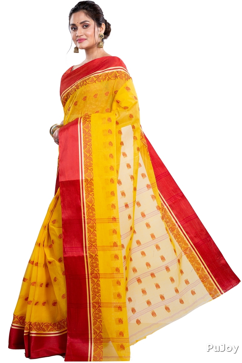 Yellow Red Pure Cotton Sukla_Velvet Tant Saree (801)