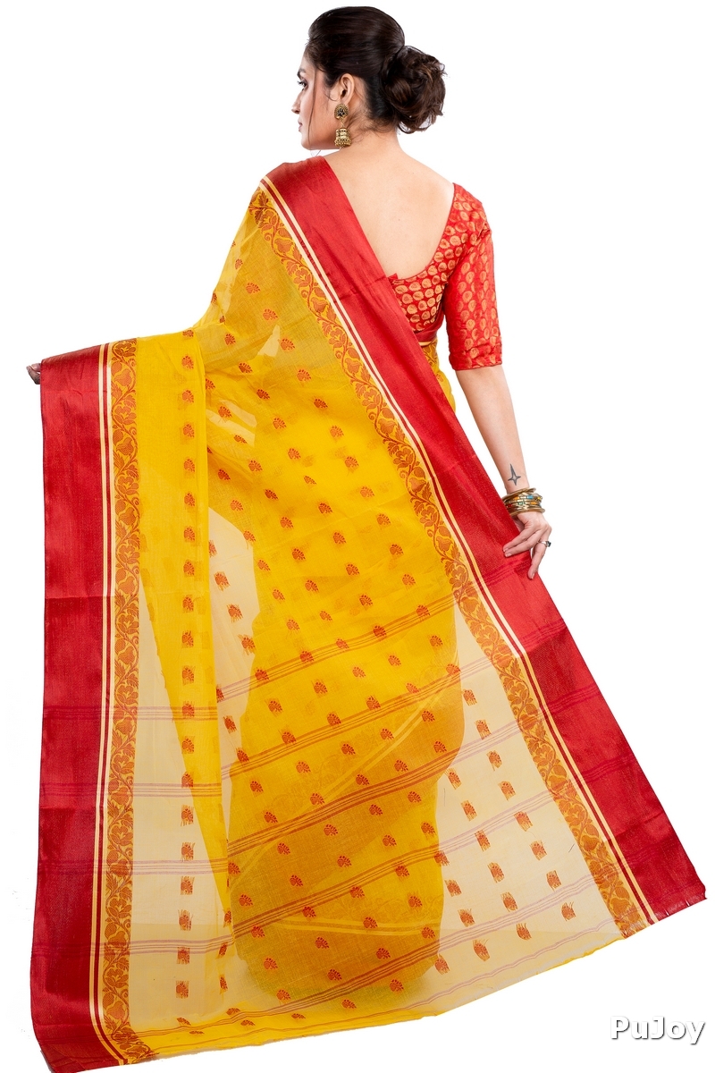 Yellow Red Pure Cotton Sukla_Velvet Tant Saree (801)