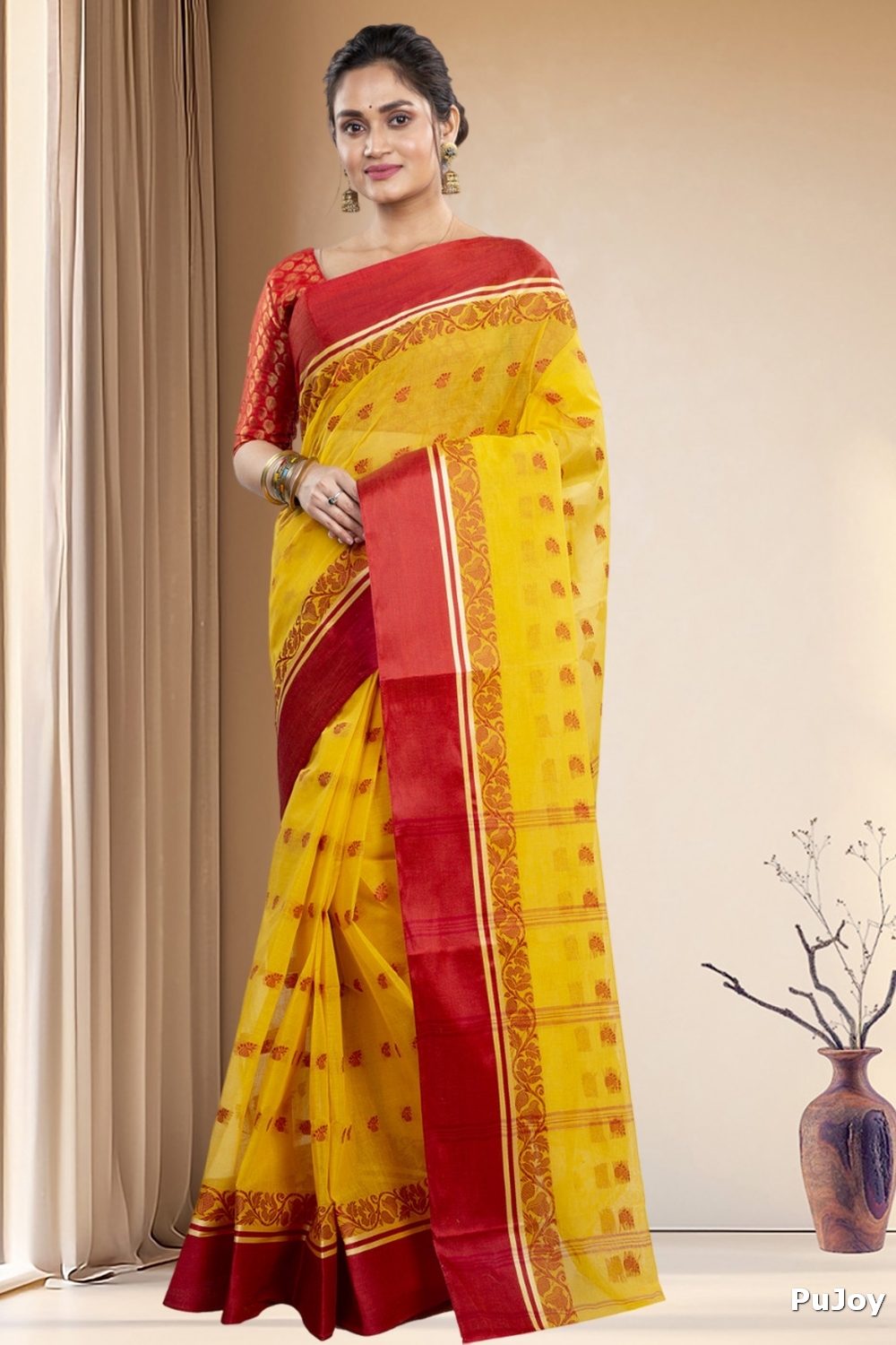 Yellow Red Pure Cotton Sukla_Velvet Tant Saree (801)