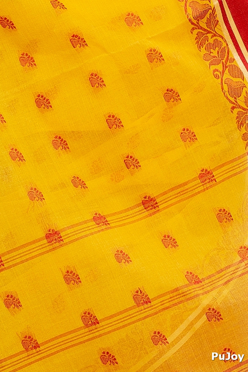 Yellow Red Pure Cotton Sukla_Velvet Tant Saree (801)