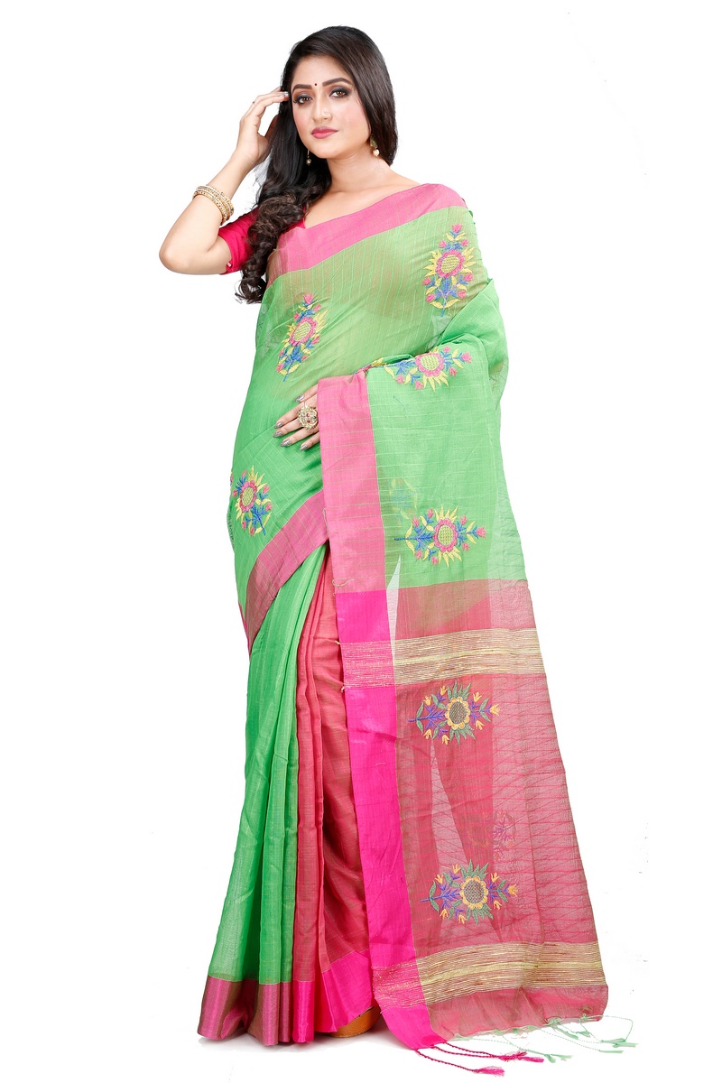 Green Blended Cotton Rohe Hand Loom Saree (8011)