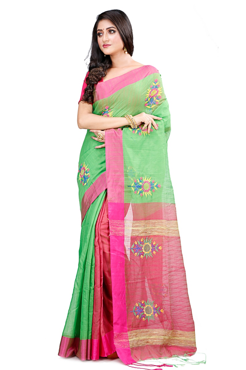 Green Blended Cotton Rohe Hand Loom Saree (8011)