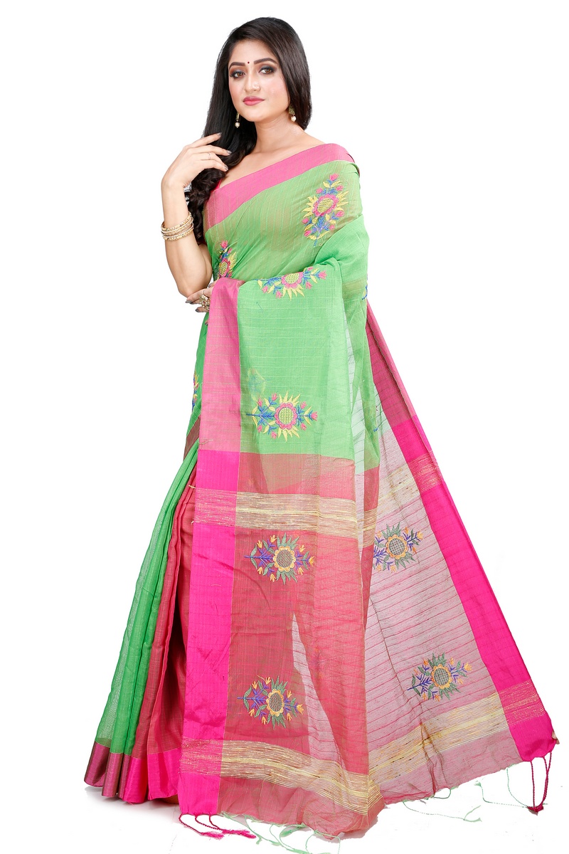 Green Blended Cotton Rohe Hand Loom Saree (8011)