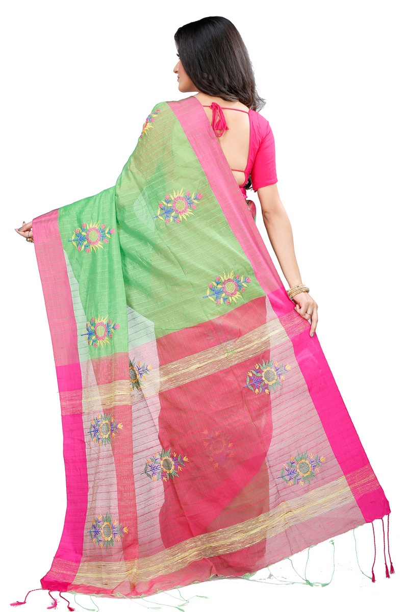 Green Blended Cotton Rohe Hand Loom Saree (8011)
