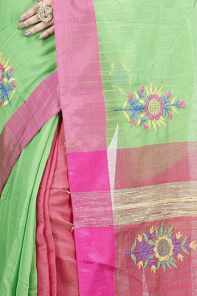 Green Blended Cotton Rohe Hand Loom Saree (8011)