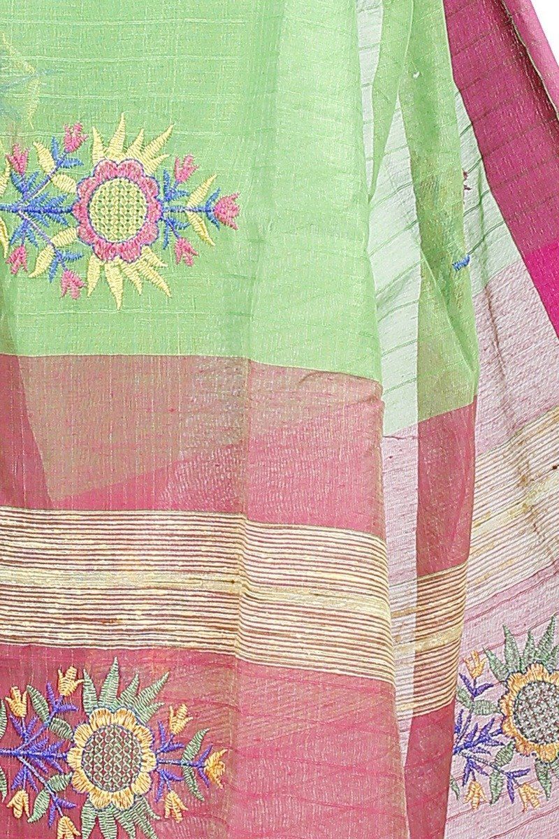 Green Blended Cotton Rohe Hand Loom Saree (8011)