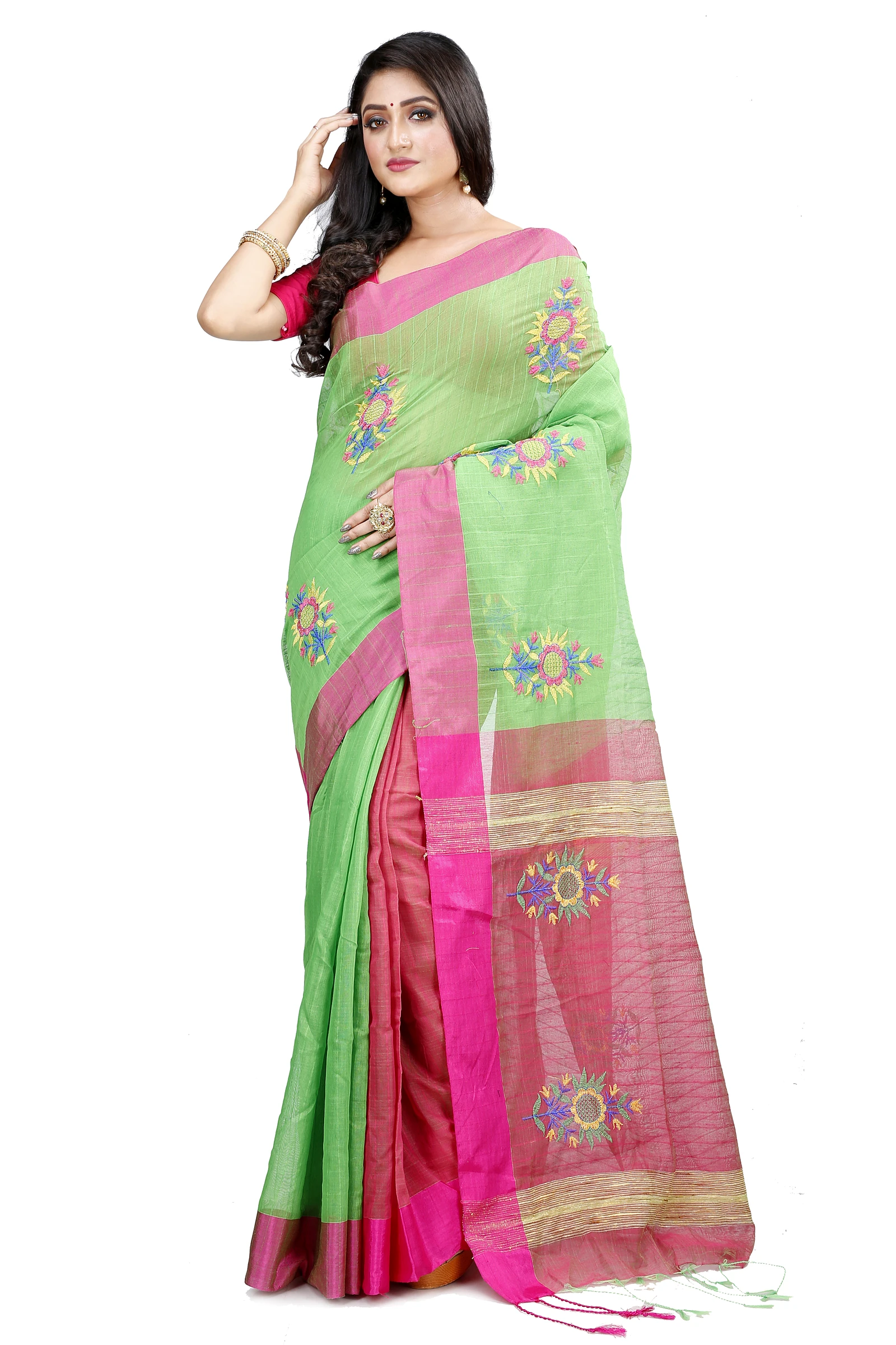 Green Blended Cotton Rohe Hand Loom Saree (8011)