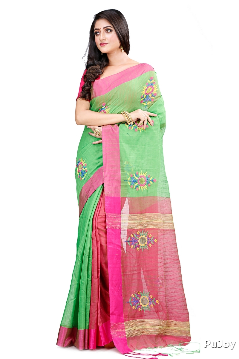 Green Blended Cotton Rohe Hand Loom Saree (8011)
