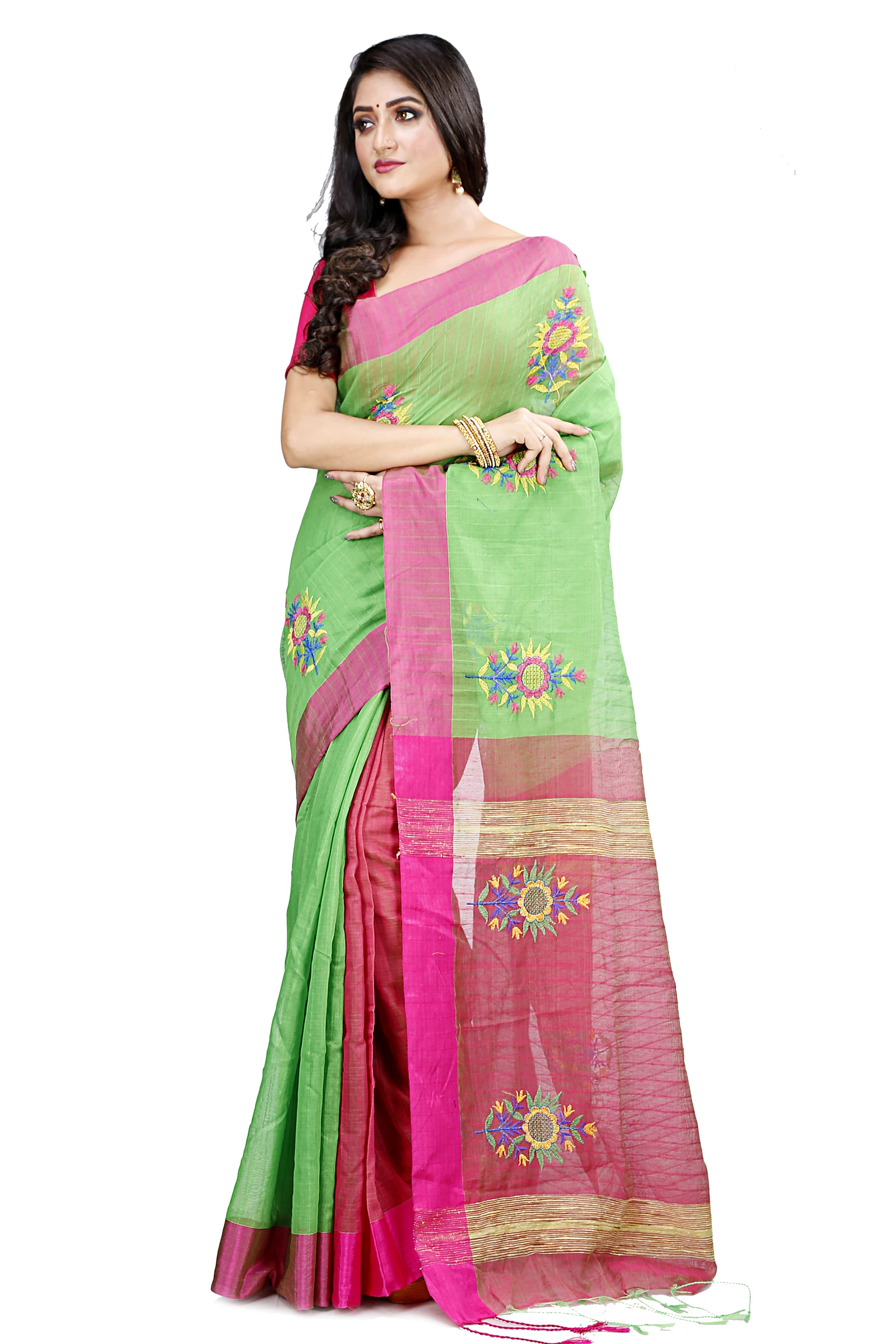 Green Blended Cotton Rohe Hand Loom Saree (8011)