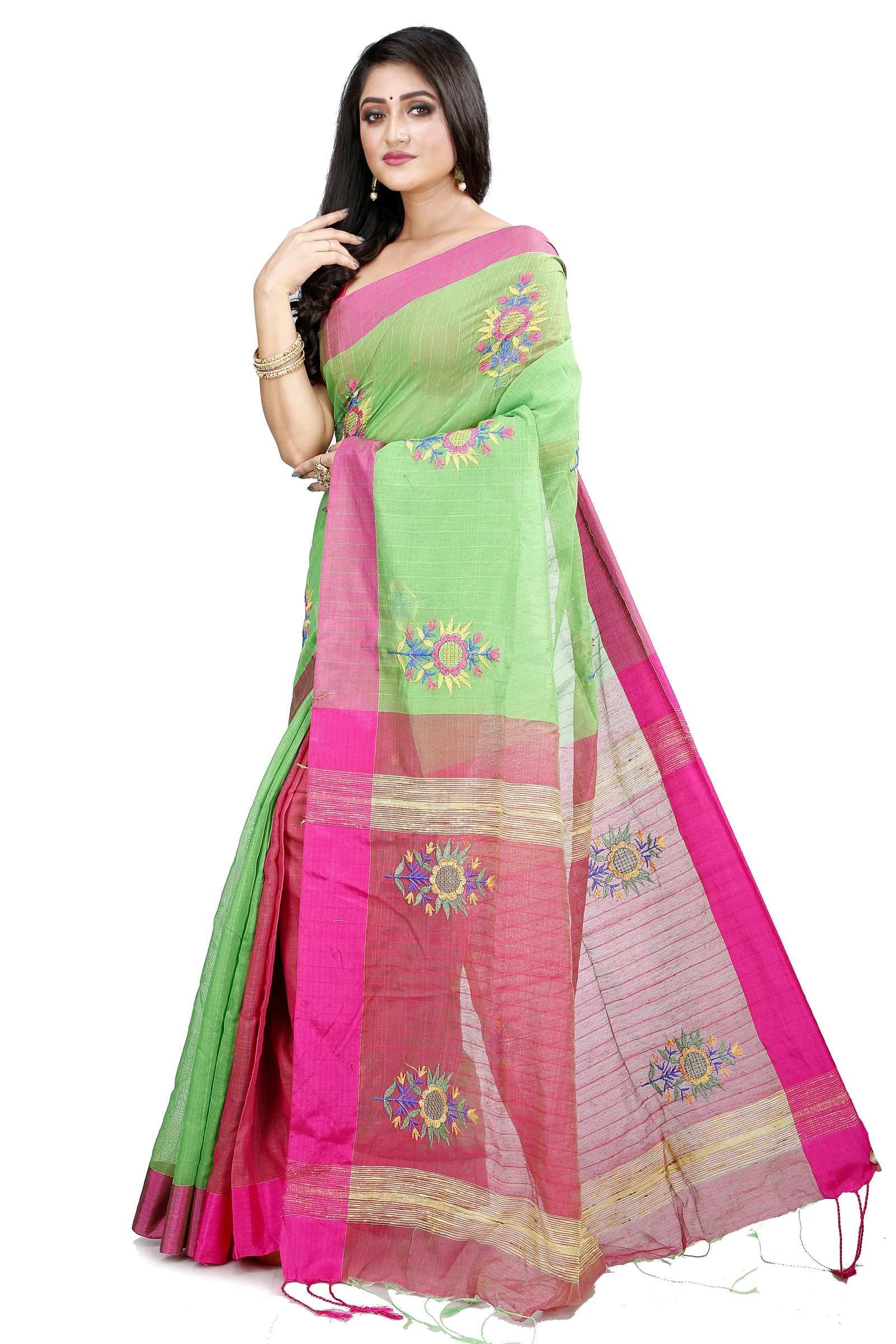 Green Blended Cotton Rohe Hand Loom Saree (8011)