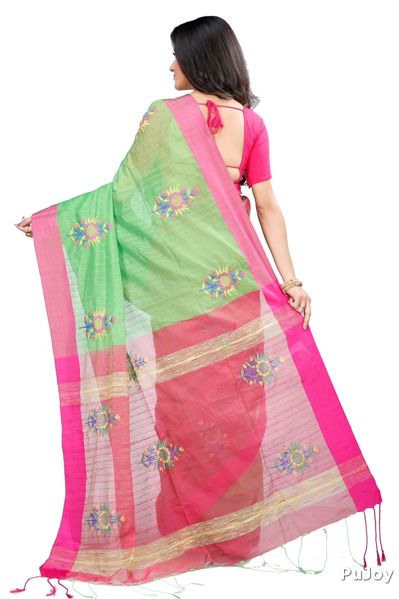 Green Blended Cotton Rohe Hand Loom Saree (8011)