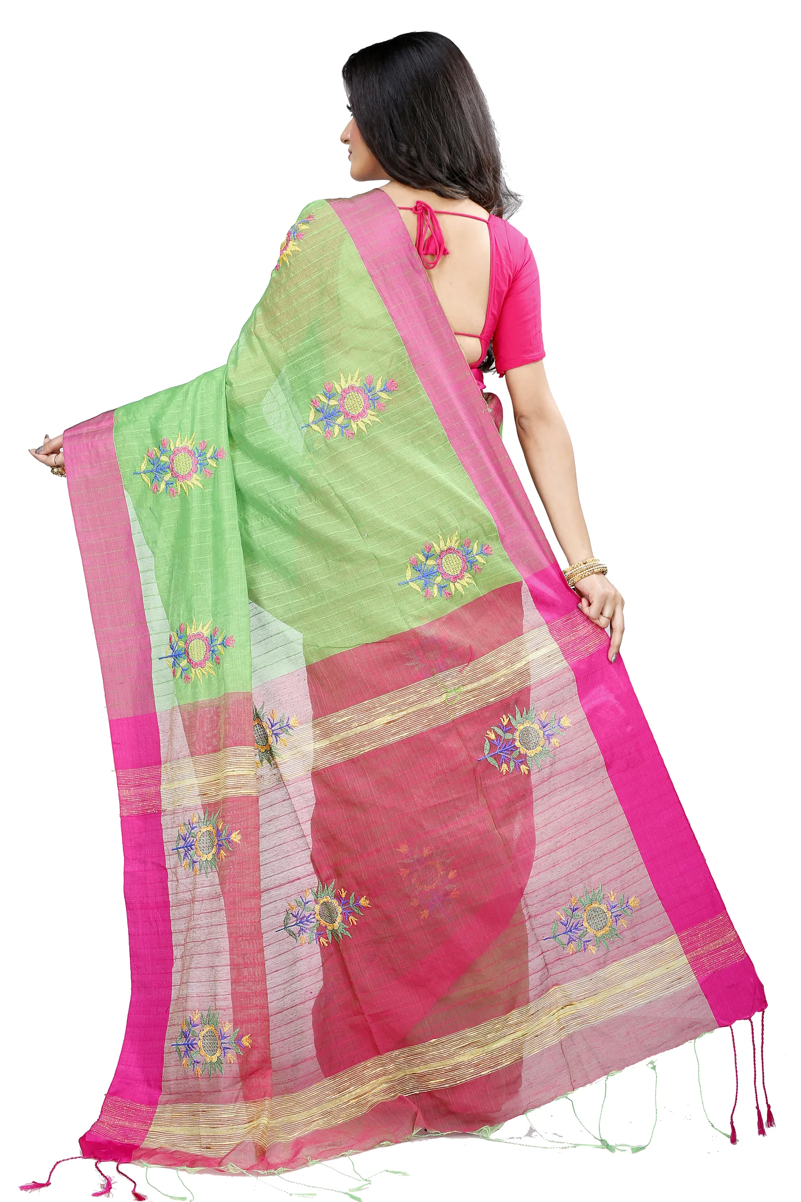 Green Blended Cotton Rohe Hand Loom Saree (8011)