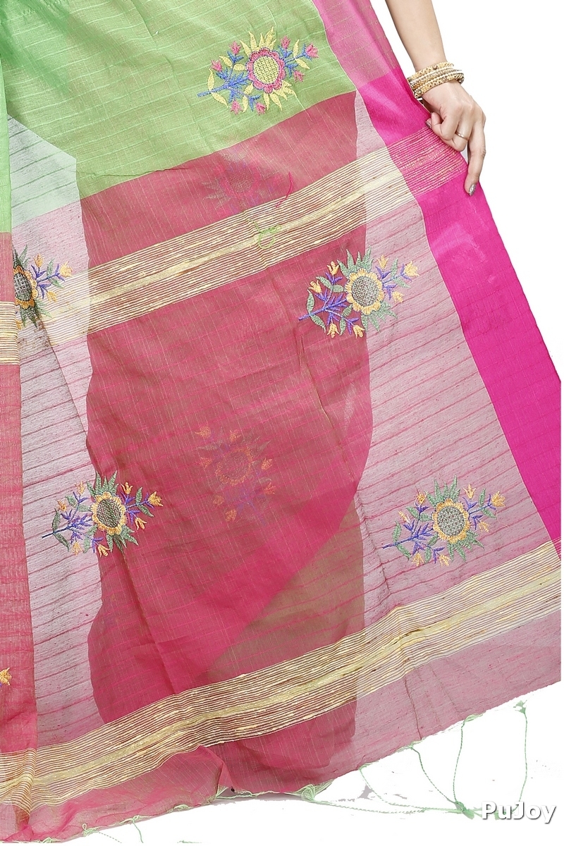 Green Blended Cotton Rohe Hand Loom Saree (8011)