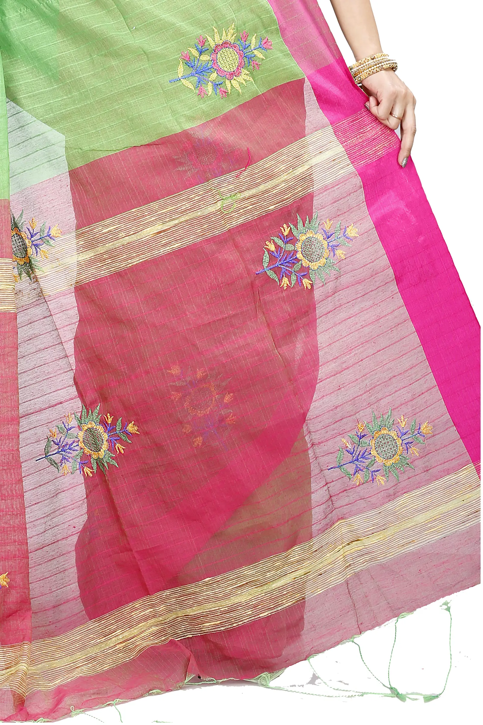 Green Blended Cotton Rohe Hand Loom Saree (8011)