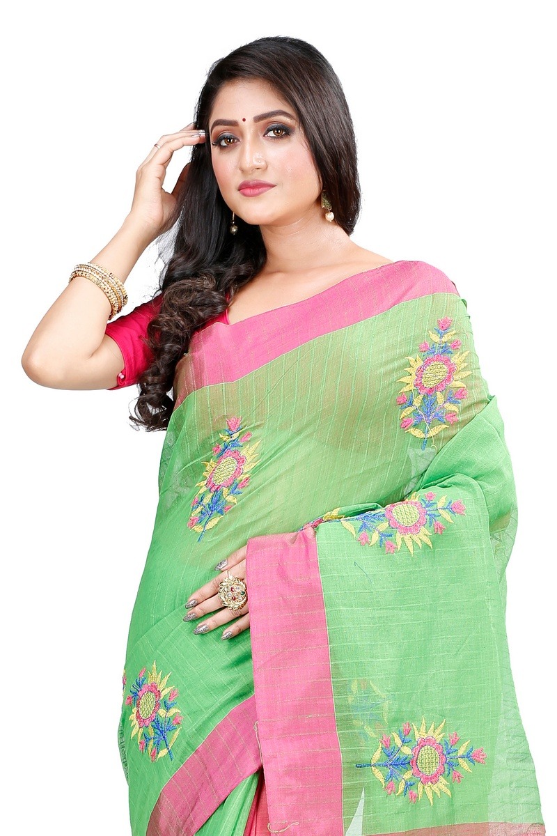 Green Blended Cotton Rohe Hand Loom Saree (8011)
