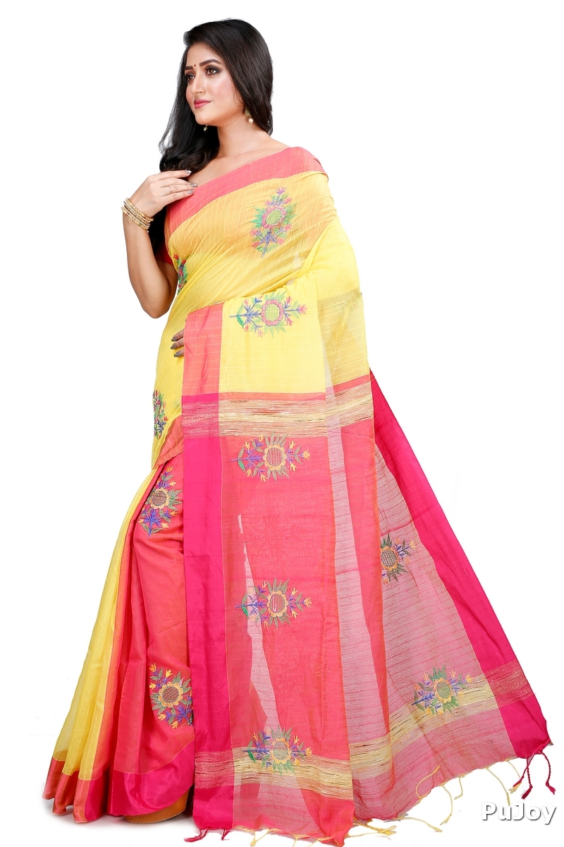 Yellow Blended Cotton Rohe Hand Loom Saree (8013)