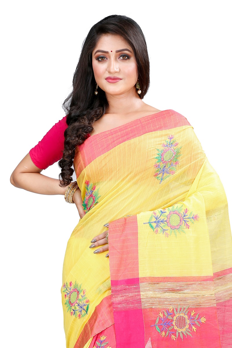 Yellow Blended Cotton Rohe Hand Loom Saree (8013)