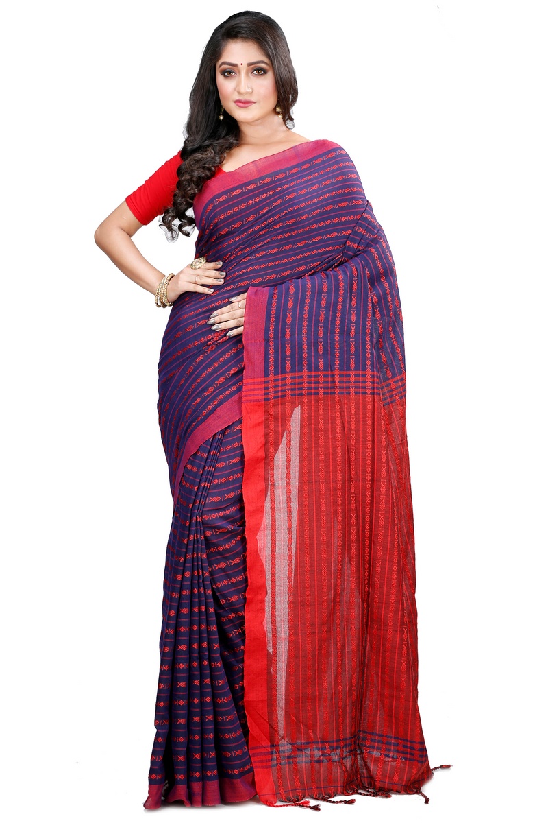 Blue Brown Pure Cotton Rohal Hand Loom Saree (8015)
