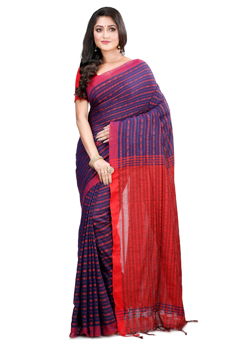 Blue Brown Pure Cotton Rohal Hand Loom Saree (8015)